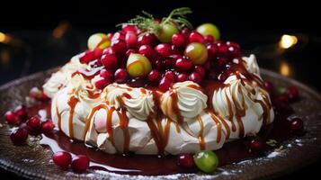 AI generated Pavlova Cake with Redcurrants and Mint photo