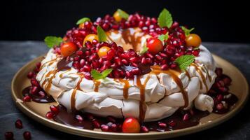 AI generated Pavlova Cake with Redcurrants and Mint photo