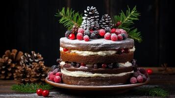 AI generated Christmas cake with berries and fir tree photo