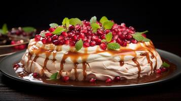 AI generated Pavlova Cake with Redcurrants and Mint photo
