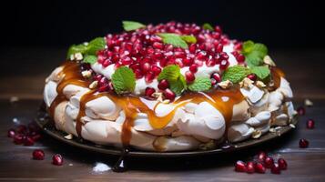AI generated Pavlova Cake with Redcurrants and Mint photo