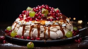 AI generated Pavlova Cake with Redcurrants and Mint photo