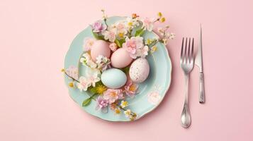 AI generated Easter Celebration With Pink Theme, Eggs, Flowers photo