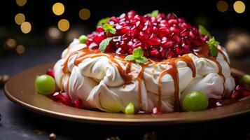 AI generated Pavlova Cake with Redcurrants and Mint photo