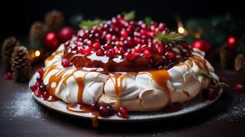 AI generated Pavlova Cake with Redcurrants and Mint photo