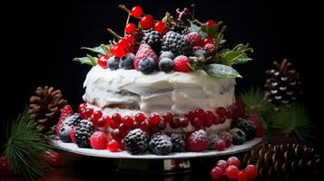 AI generated Christmas cake with berries and fir tree photo