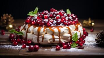 AI generated Pavlova Cake with Redcurrants and Mint photo