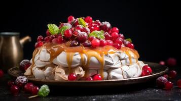AI generated Pavlova Cake with Redcurrants and Mint photo