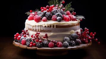 AI generated Christmas cake with berries and fir tree photo