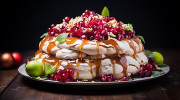AI generated Pavlova Cake with Redcurrants and Mint photo