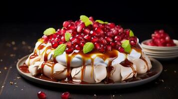 AI generated Pavlova Cake with Redcurrants and Mint photo