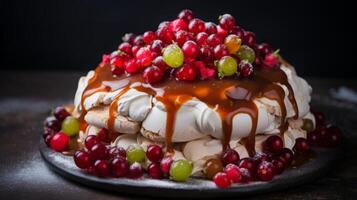 AI generated Pavlova Cake with Redcurrants and Mint photo