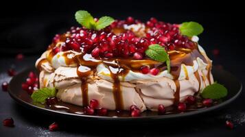 AI generated Pavlova Cake with Redcurrants and Mint photo