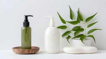 AI generated Elegant Bathroom Essentials with Green Plant Decor photo