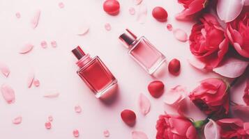 ai generado perfume botella en medio de hermosa rojo rosas foto