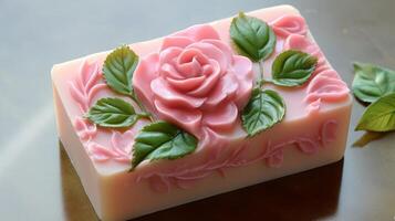 AI generated Elegant Rose Soaps Displayed with Fresh Rose photo