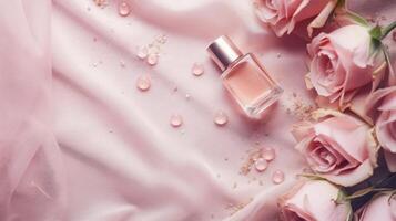 AI generated Perfume Bottle Amidst Beautiful Red Roses photo