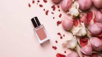 AI generated Perfume Bottle Amidst Beautiful Red Roses photo