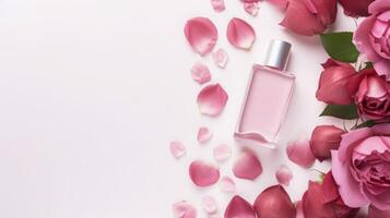 AI generated Perfume Bottle Amidst Beautiful Red Roses photo
