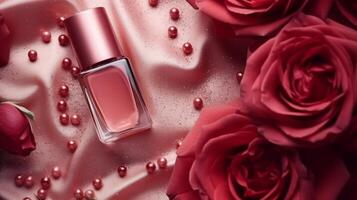 AI generated Perfume Bottle Amidst Beautiful Red Roses photo