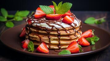 AI generated Delicious Pancake Stack Topped with Chocolate and Strawberries photo