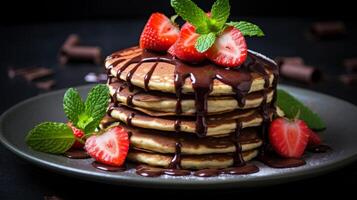 AI generated Delicious Pancake Stack Topped with Chocolate and Strawberries photo