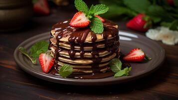 AI generated Delicious Pancake Stack Topped with Chocolate and Strawberries photo