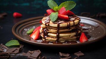 AI generated Delicious Pancake Stack Topped with Chocolate and Strawberries photo