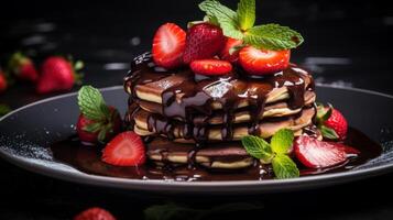 AI generated Delicious Pancake Stack Topped with Chocolate and Strawberries photo