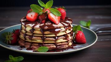 AI generated Delicious Pancake Stack Topped with Chocolate and Strawberries photo