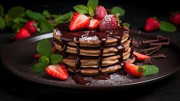 AI generated Delicious Pancake Stack Topped with Chocolate and Strawberries photo