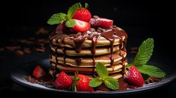 AI generated Delicious Pancake Stack Topped with Chocolate and Strawberries photo
