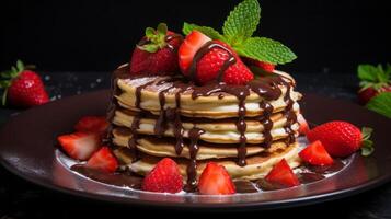 AI generated Delicious Pancake Stack Topped with Chocolate and Strawberries photo