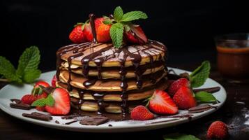 AI generated Delicious Pancake Stack Topped with Chocolate and Strawberries photo