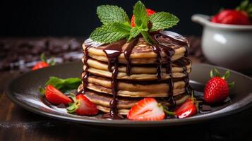 AI generated Delicious Pancake Stack Topped with Chocolate and Strawberries photo