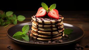 AI generated Delicious Pancake Stack Topped with Chocolate and Strawberries photo