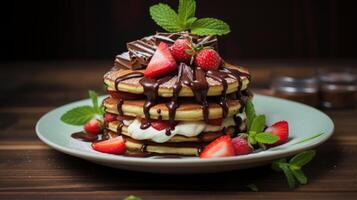 AI generated Delicious Pancake Stack Topped with Chocolate and Strawberries photo