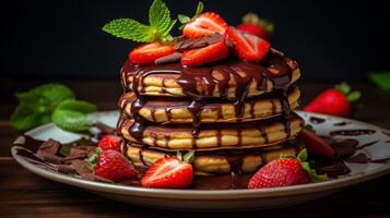 AI generated Delicious Pancake Stack Topped with Chocolate and Strawberries photo