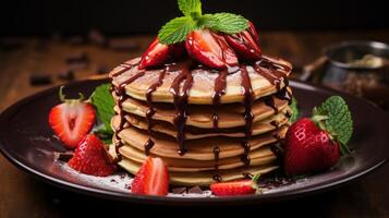 AI generated Delicious Pancake Stack Topped with Chocolate and Strawberries photo