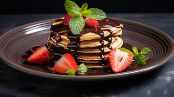 AI generated Delicious Pancake Stack Topped with Chocolate and Strawberries photo