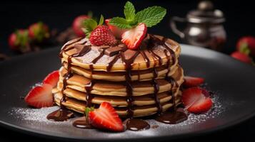 AI generated Delicious Pancake Stack Topped with Chocolate and Strawberries photo