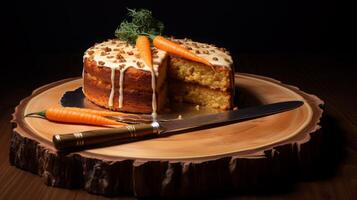 ai generado delicioso Zanahoria pastel rebanada en de madera mesa foto