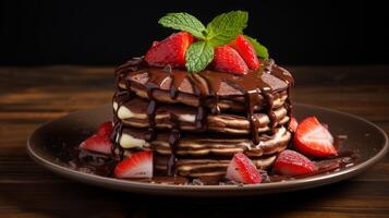 AI generated Delicious Pancake Stack Topped with Chocolate and Strawberries photo