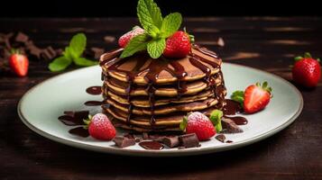 AI generated Delicious Pancake Stack Topped with Chocolate and Strawberries photo