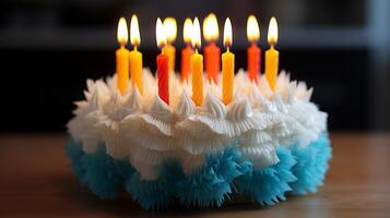 AI generated Colorful Birthday Cake with Candles and Decorations photo