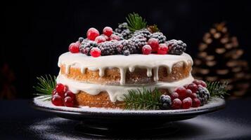 AI generated Christmas cake with berries and fir tree photo