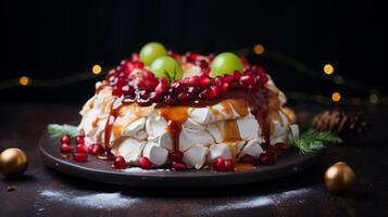 AI generated Pavlova Cake with Redcurrants and Mint photo
