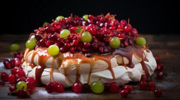 AI generated Pavlova Cake with Redcurrants and Mint photo