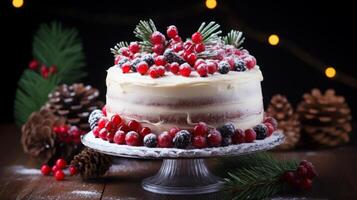 AI generated Christmas cake with berries and fir tree photo