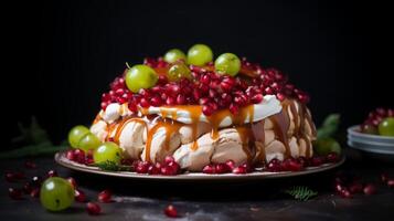 AI generated Pavlova Cake with Redcurrants and Mint photo